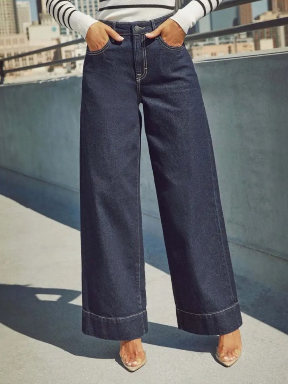 Dark Wash Wide Leg Trouser Jeans โ Size 12 โ High Rise โ Stretch - Picture 2 of 9